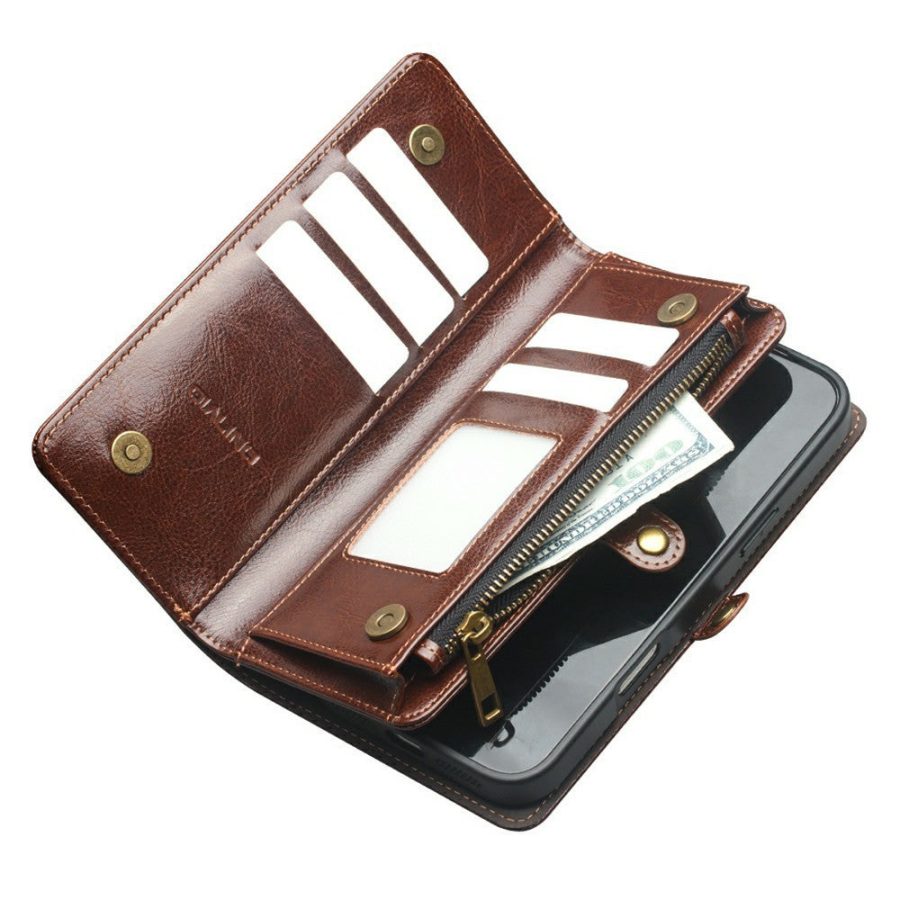 6601221857A-5 QIALINO Business Style iPhone 17 Pro Max Case Genuine Leather Detachable 2-in-1 Wallet Flip Phone Cover with Shoulder Strap & Wrist Strap