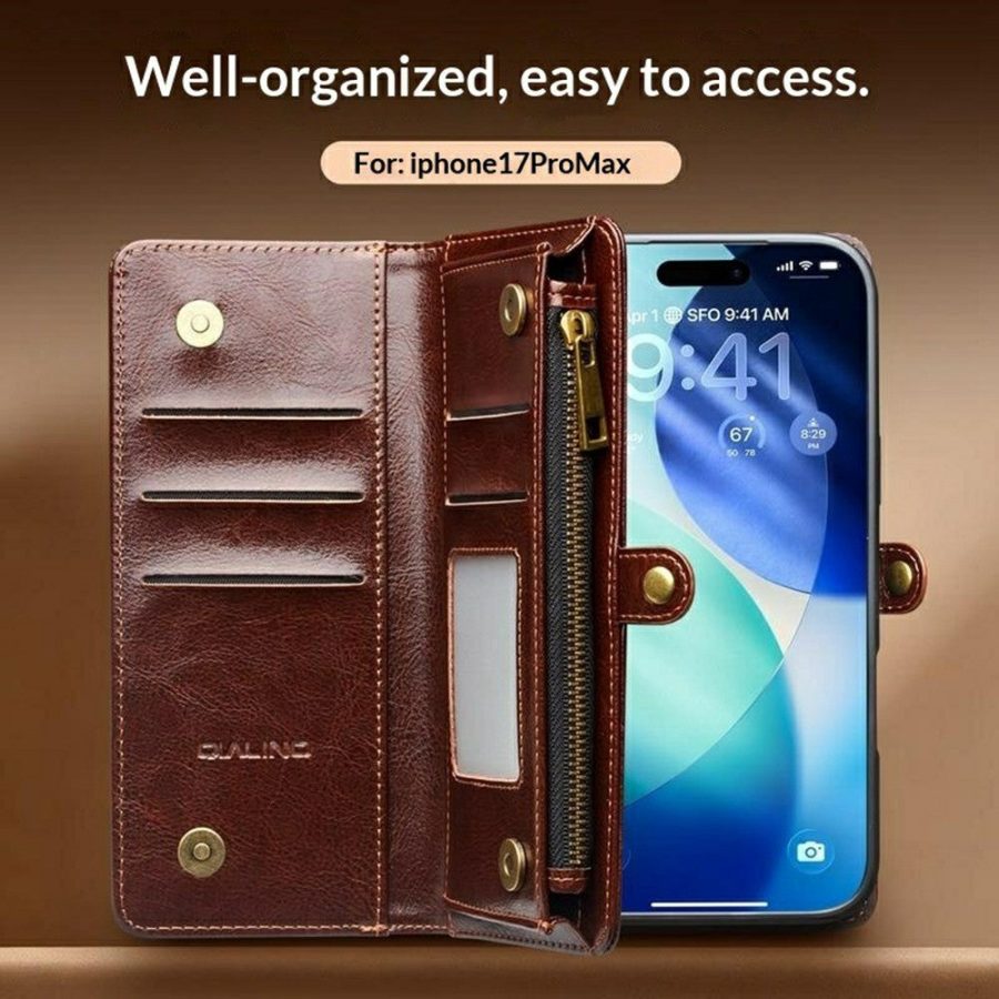 6601221857A-7 QIALINO Business Style iPhone 17 Pro Max Case Genuine Leather Detachable 2-in-1 Wallet Flip Phone Cover with Shoulder Strap & Wrist Strap
