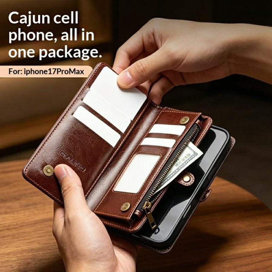 6601221857A-9 QIALINO Business Style iPhone 17 Pro Max Case Genuine Leather Detachable 2-in-1 Wallet Flip Phone Cover with Shoulder Strap & Wrist Strap