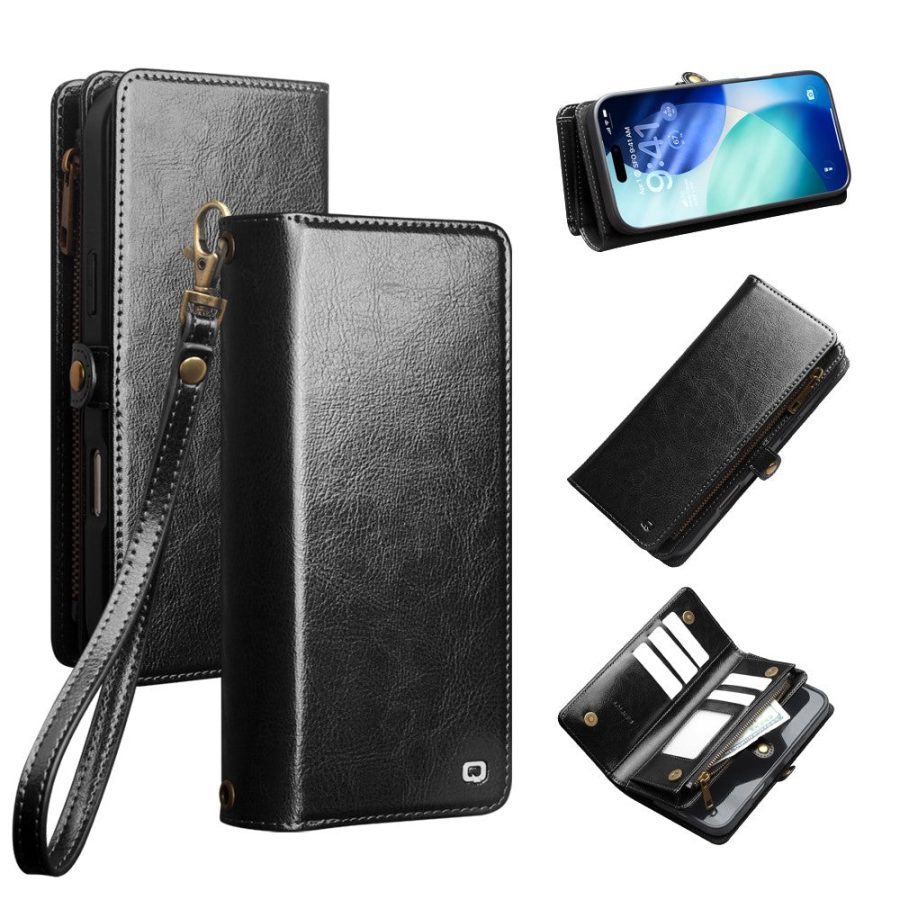 6601221857B-1 QIALINO Business Style iPhone 17 Pro Max Case Genuine Leather Detachable 2-in-1 Wallet Flip Phone Cover with Shoulder Strap & Wrist Strap