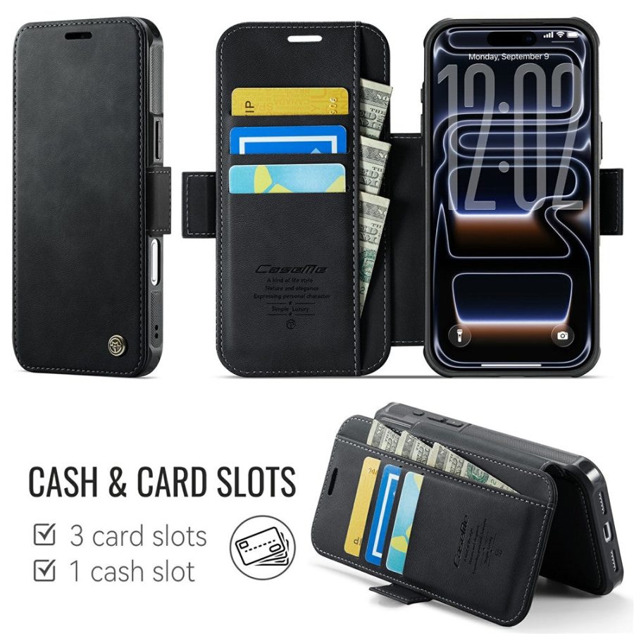 CASEME For iPhone 17 Pro Max Case RFID Blocking Wallet Vegan Leather Flip Cover with Magnetic Support
