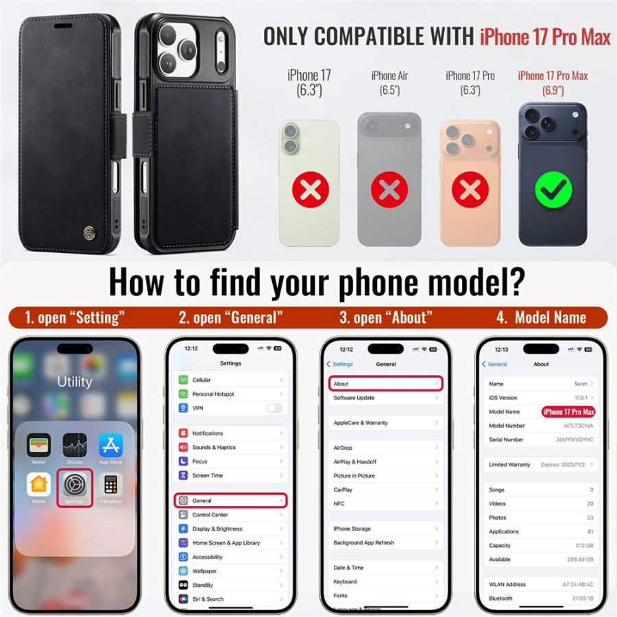 CASEME For iPhone 17 Pro Max Case RFID Blocking Wallet Vegan Leather Flip Cover with Magnetic Support