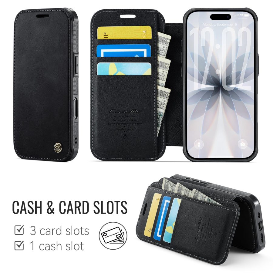CASEME For iPhone 16 Case RFID Blocking Wallet Vegan Leather Flip Cover with Magnetic Support