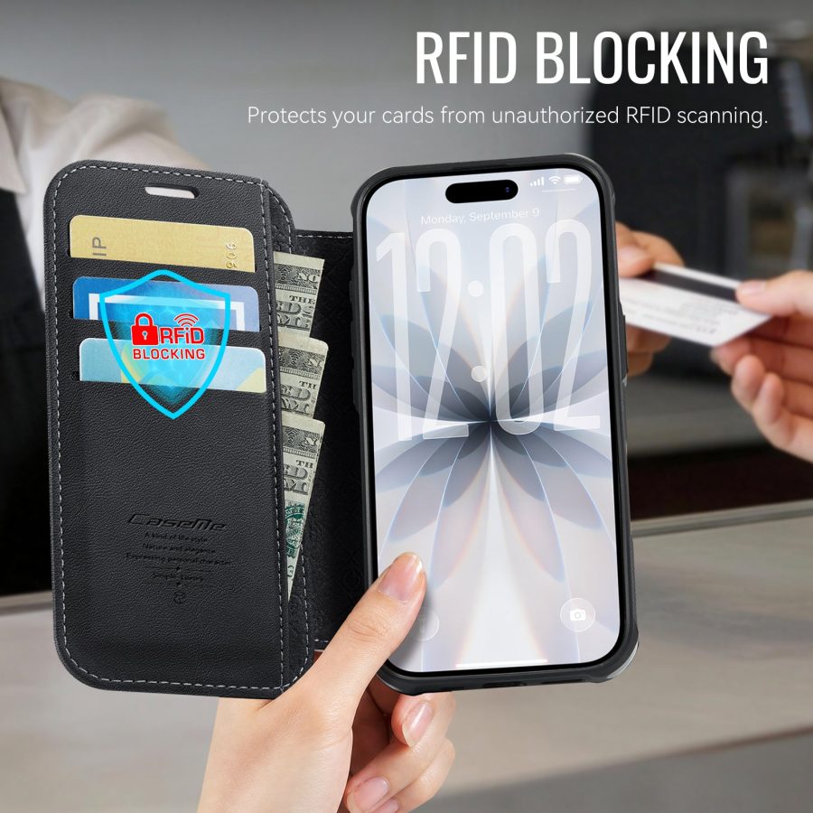 CASEME For iPhone 16 Case RFID Blocking Wallet Vegan Leather Flip Cover with Magnetic Support