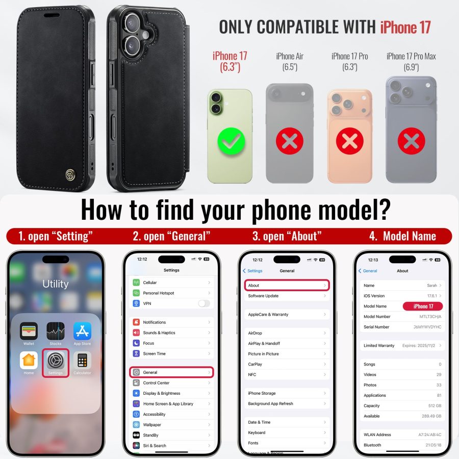 CASEME For iPhone 17 Case RFID Blocking Wallet Vegan Leather Flip Cover with Magnetic Support