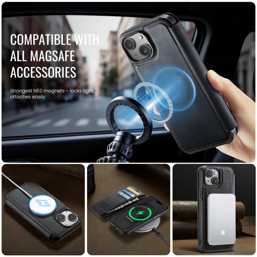 CASEME For iPhone 15 Case RFID Blocking Wallet Vegan Leather Flip Cover with Magnetic Support