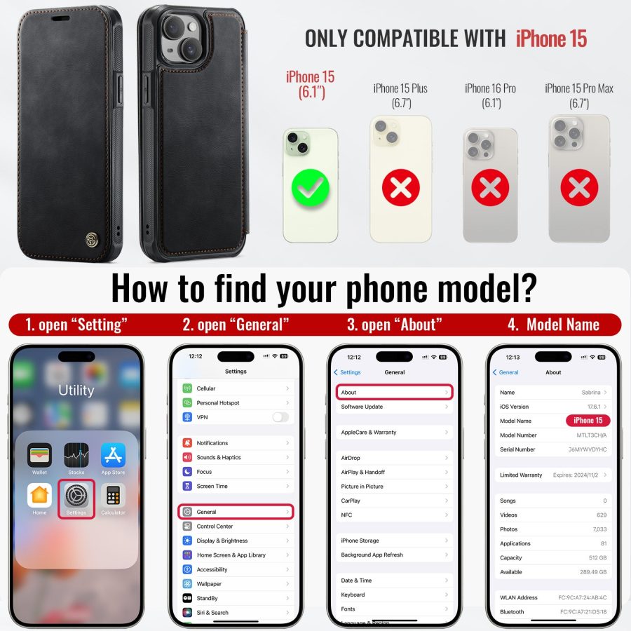 CASEME For iPhone 15 Case RFID Blocking Wallet Vegan Leather Flip Cover with Magnetic Support