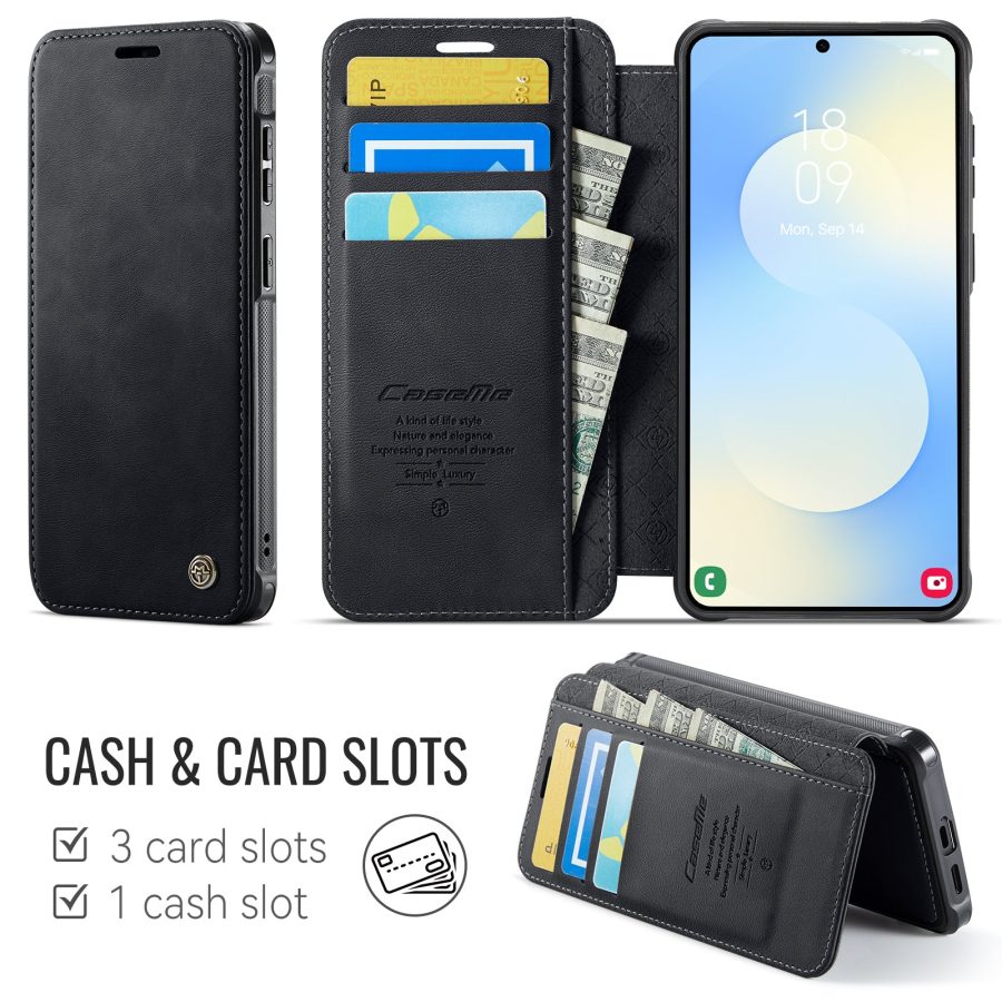 6601222840B-2 CASEME For Samsung Galaxy S24 FE Case RFID Blocking Wallet Vegan Leather Flip Cover with Magnetic Support