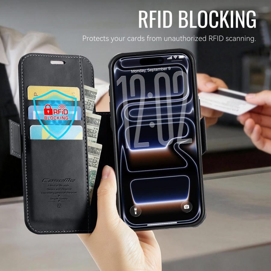 CASEME For iPhone 17 Pro Case RFID Blocking Wallet Vegan Leather Flip Cover with Magnetic Support