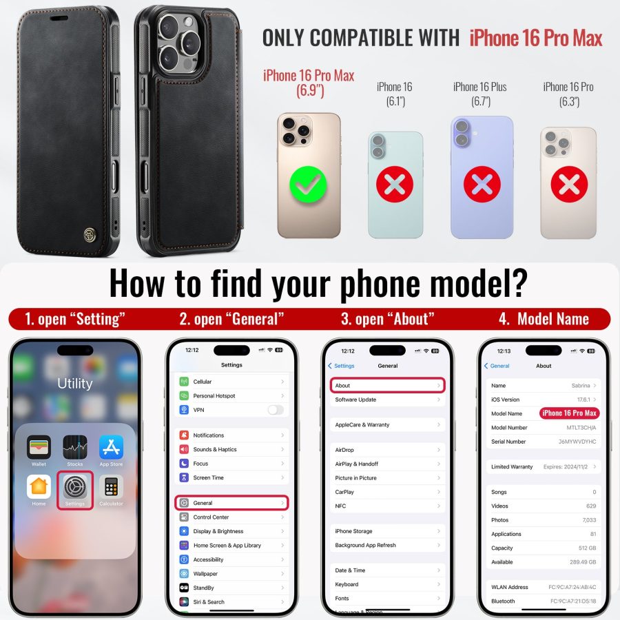 CASEME For iPhone 16 Pro Max Case RFID Blocking Wallet Vegan Leather Flip Cover with Magnetic Support
