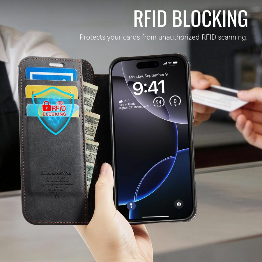 CASEME For iPhone 16 Pro Case RFID Blocking Wallet Vegan Leather Flip Cover with Magnetic Support