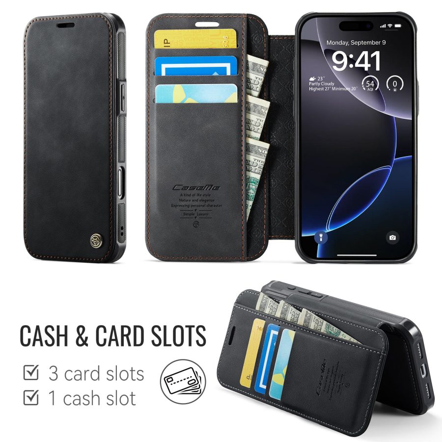 CASEME For iPhone 14 Pro Case RFID Blocking Wallet Vegan Leather Flip Cover with Magnetic Support