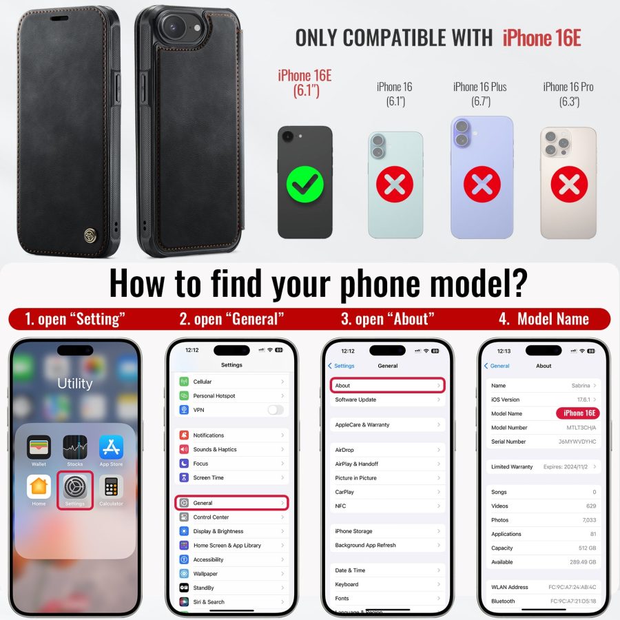 CASEME For iPhone 17e / iPhone 16e Case RFID Blocking Wallet Vegan Leather Flip Cover with Magnetic Support