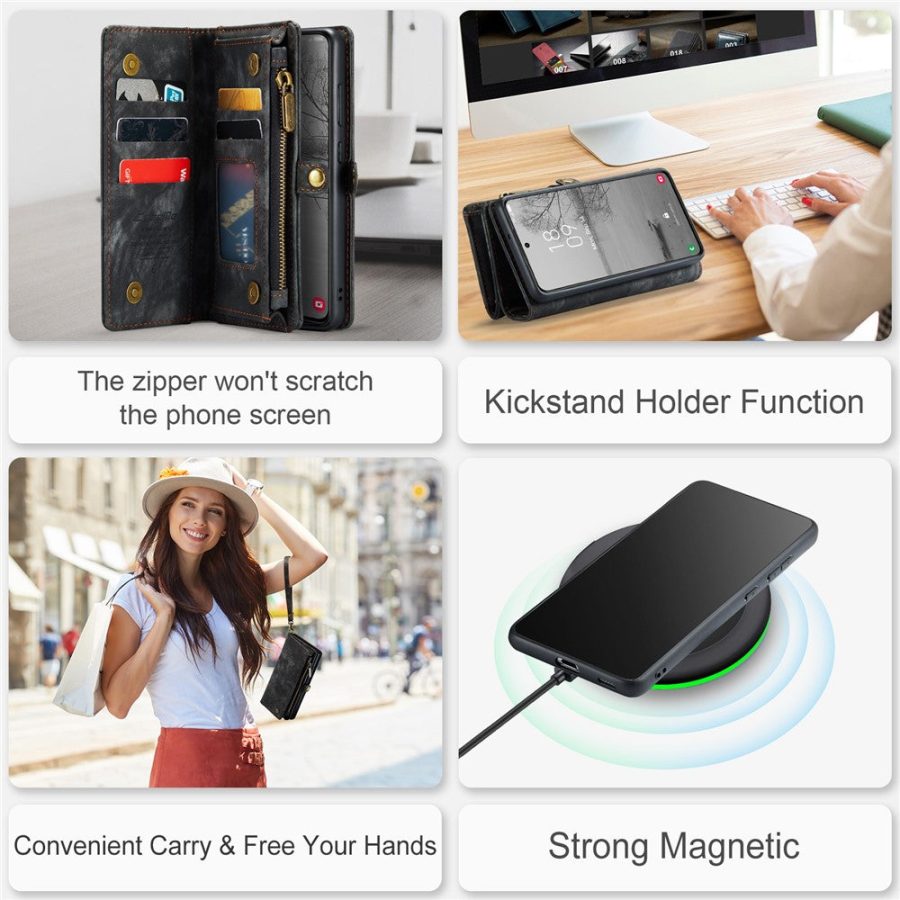CASEME For Samsung Galaxy S23 Case 2-in-1 Detachable Magnetic Zipper Wallet Vegan Leather Flip Cover
