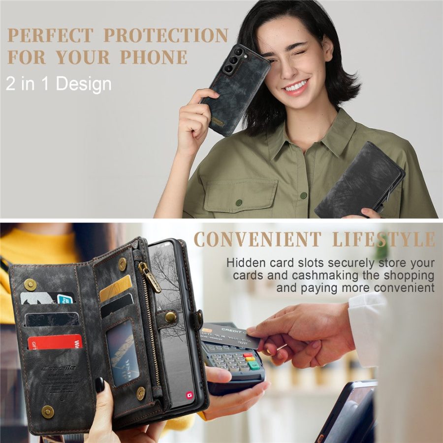 CASEME For Samsung Galaxy S23 Case 2-in-1 Detachable Magnetic Zipper Wallet Vegan Leather Flip Cover