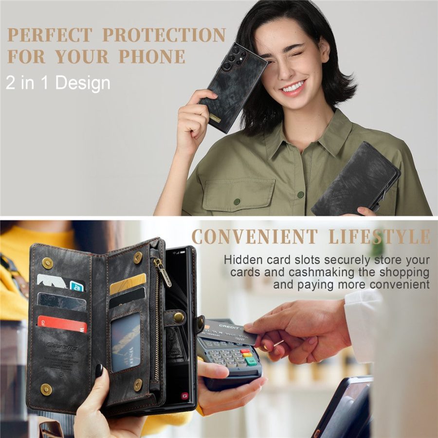 660125546A-6 CASEME For Samsung Galaxy S23 Ultra Case 2-in-1 Detachable Magnetic Zipper Wallet Vegan Leather Flip Cover