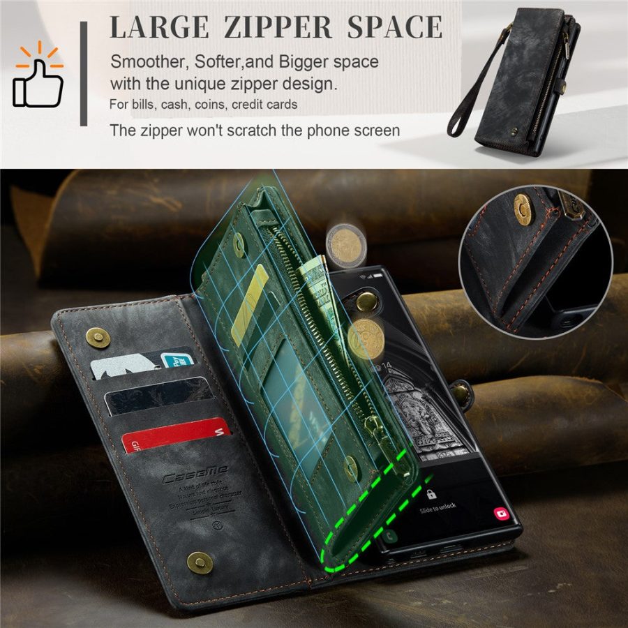 660125546A-7 CASEME For Samsung Galaxy S23 Ultra Case 2-in-1 Detachable Magnetic Zipper Wallet Vegan Leather Flip Cover