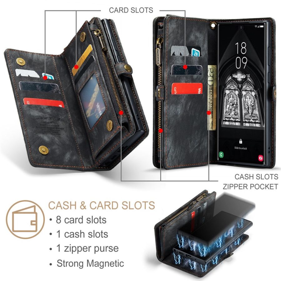 660125546A-9 CASEME For Samsung Galaxy S23 Ultra Case 2-in-1 Detachable Magnetic Zipper Wallet Vegan Leather Flip Cover