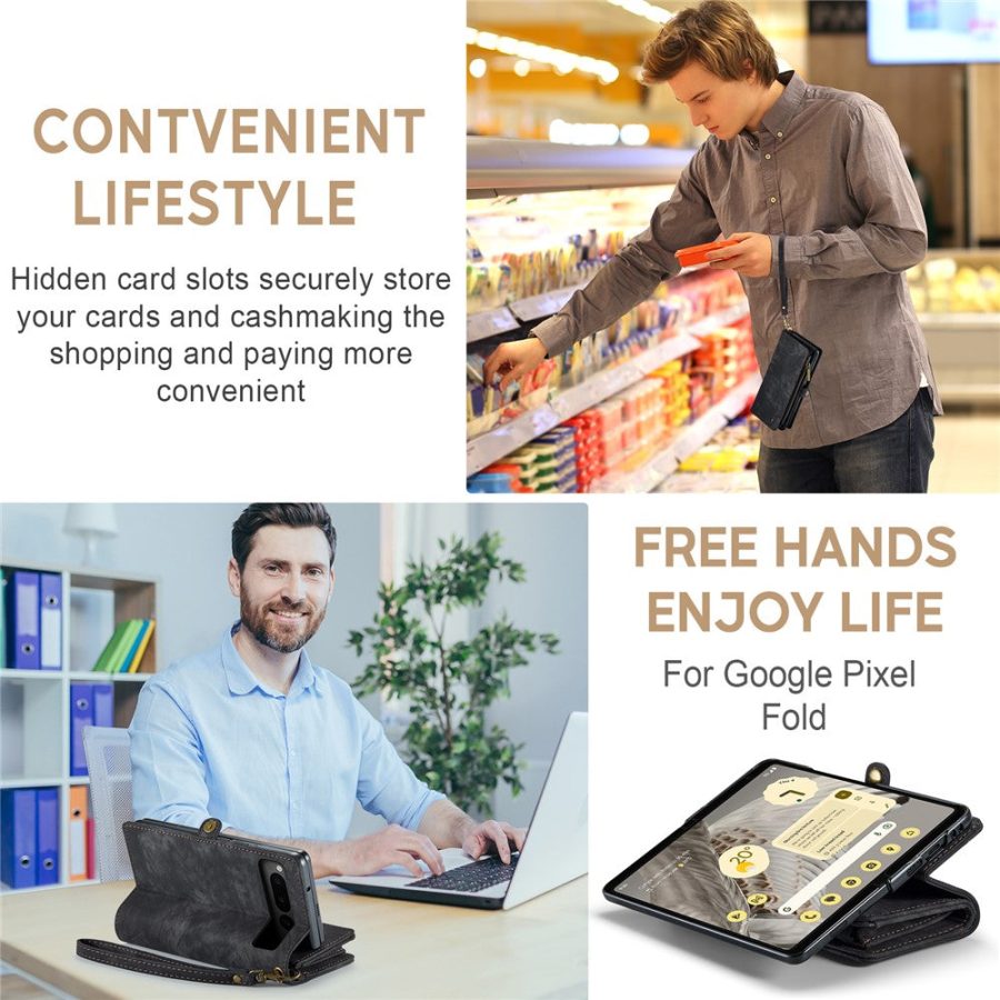 CASEME For Google Pixel Fold Case 2-in-1 Detachable Magnetic Zipper Wallet Vegan Leather Flip Cover