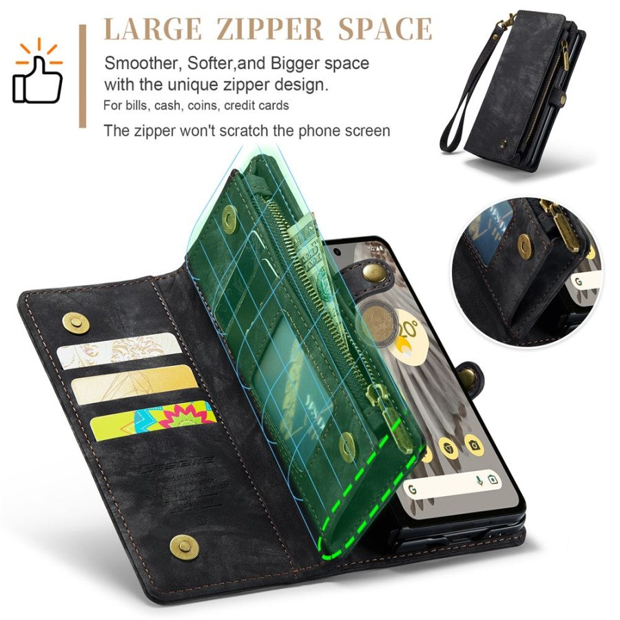CASEME For Google Pixel Fold Case 2-in-1 Detachable Magnetic Zipper Wallet Vegan Leather Flip Cover