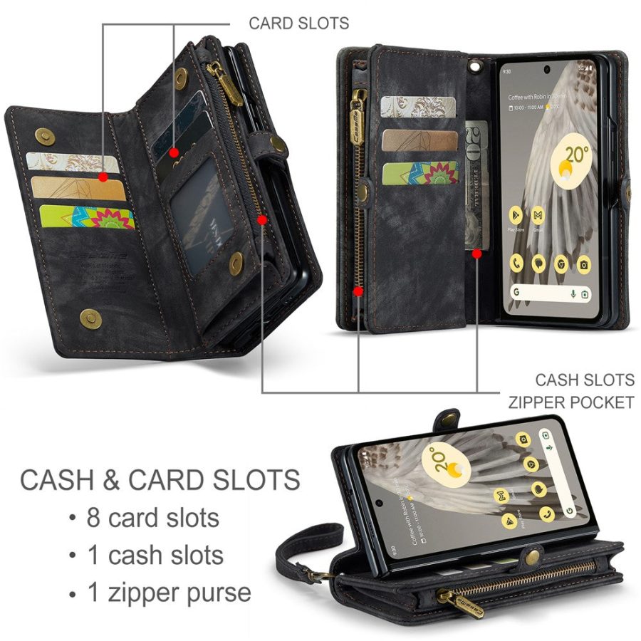 CASEME For Google Pixel Fold Case 2-in-1 Detachable Magnetic Zipper Wallet Vegan Leather Flip Cover