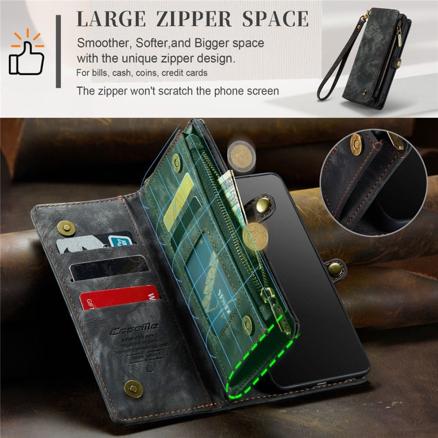 660154600A-11 CASEME For iPhone 15 Pro Case 2-in-1 Detachable Magnetic Zipper Wallet Vegan Leather Flip Cover