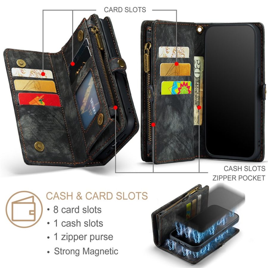 660154600A-6 CASEME For iPhone 15 Pro Case 2-in-1 Detachable Magnetic Zipper Wallet Vegan Leather Flip Cover