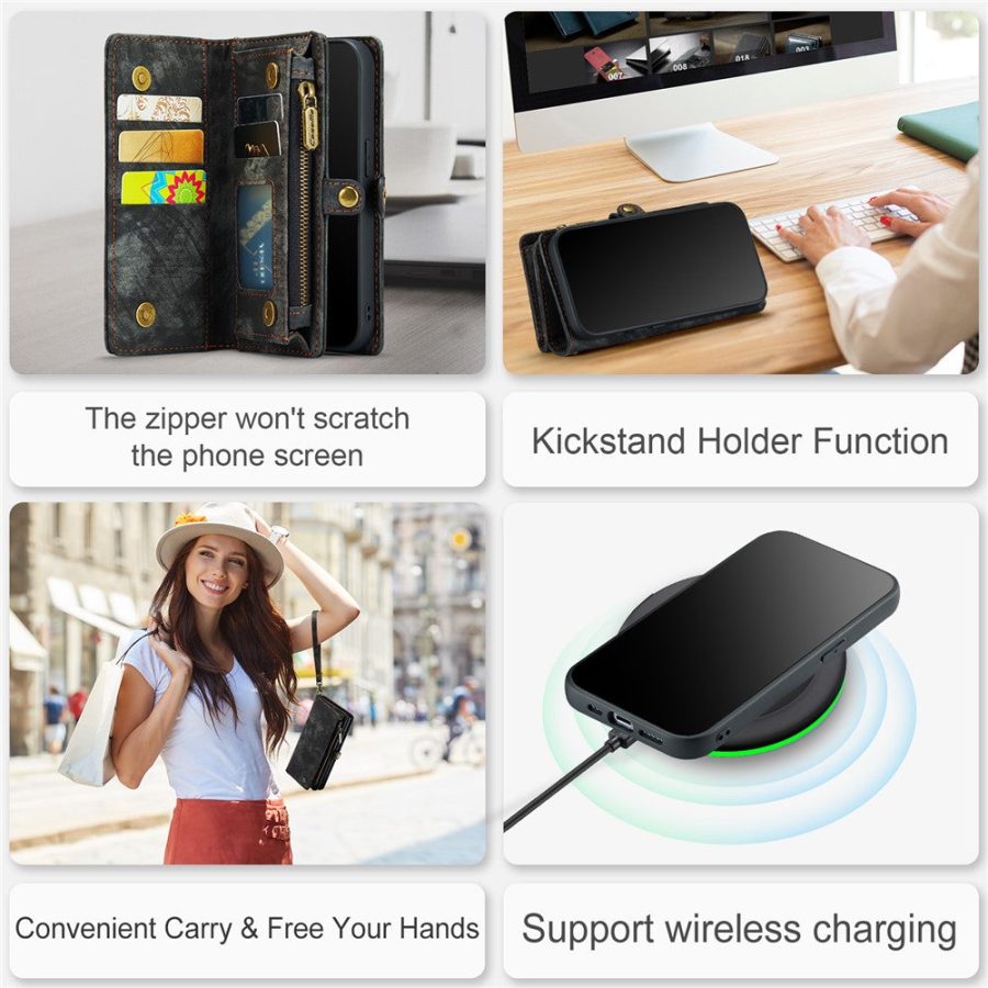 660154600A-7 CASEME For iPhone 15 Pro Case 2-in-1 Detachable Magnetic Zipper Wallet Vegan Leather Flip Cover