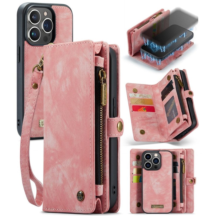 660154600E-1 CASEME For iPhone 15 Pro Case 2-in-1 Detachable Magnetic Zipper Wallet Vegan Leather Flip Cover