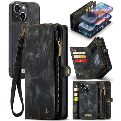 660154601A-1 CASEME For iPhone 15 Case 2-in-1 Detachable Magnetic Zipper Wallet Vegan Leather Flip Cover