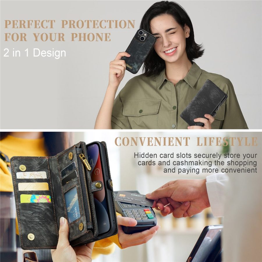 660154601A-11 CASEME For iPhone 15 Case 2-in-1 Detachable Magnetic Zipper Wallet Vegan Leather Flip Cover