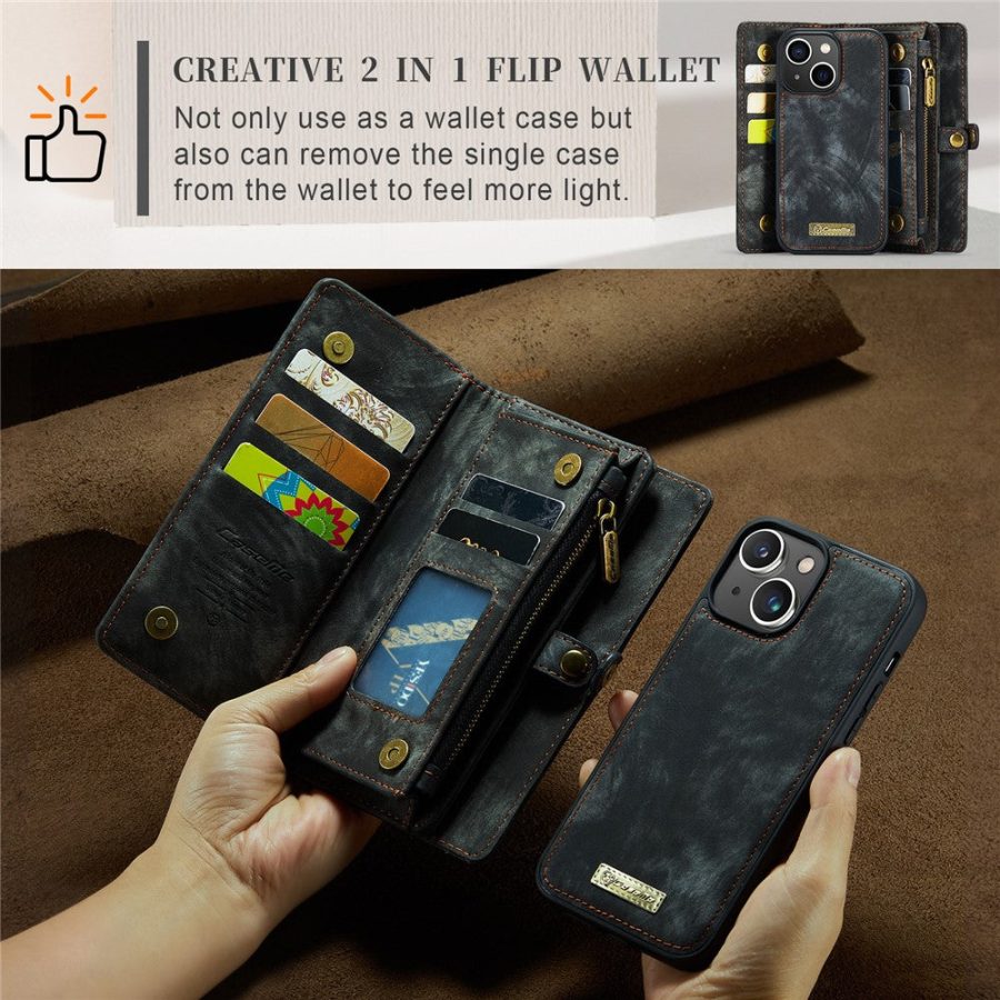 660154601A-9 CASEME For iPhone 15 Case 2-in-1 Detachable Magnetic Zipper Wallet Vegan Leather Flip Cover