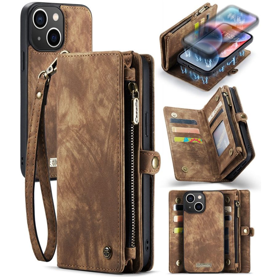 660154601B-1 CASEME For iPhone 15 Case 2-in-1 Detachable Magnetic Zipper Wallet Vegan Leather Flip Cover