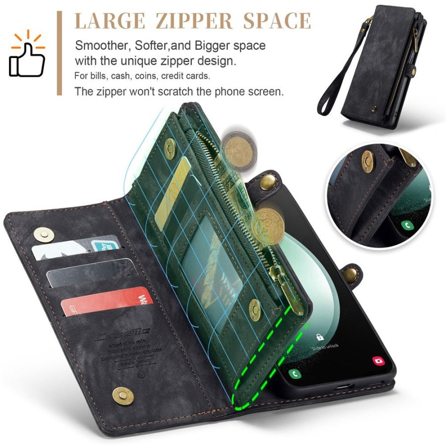 CASEME For Samsung Galaxy S23 FE Case 2-in-1 Detachable Magnetic Zipper Wallet Vegan Leather Flip Cover
