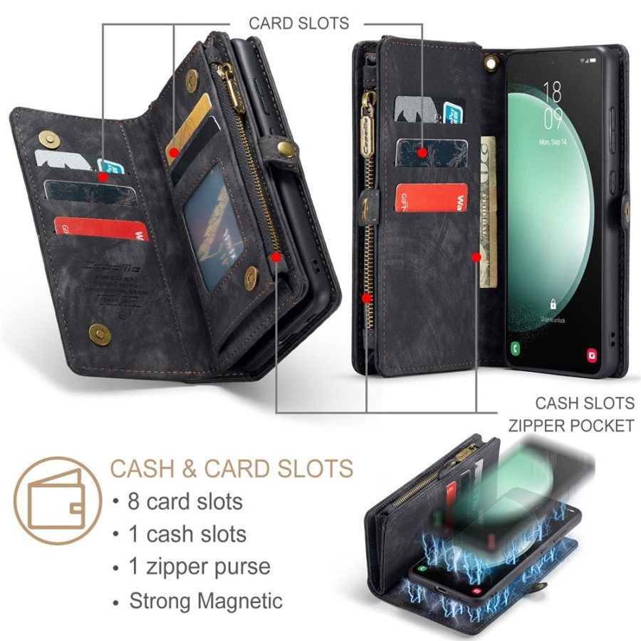 CASEME For Samsung Galaxy S23 FE Case 2-in-1 Detachable Magnetic Zipper Wallet Vegan Leather Flip Cover