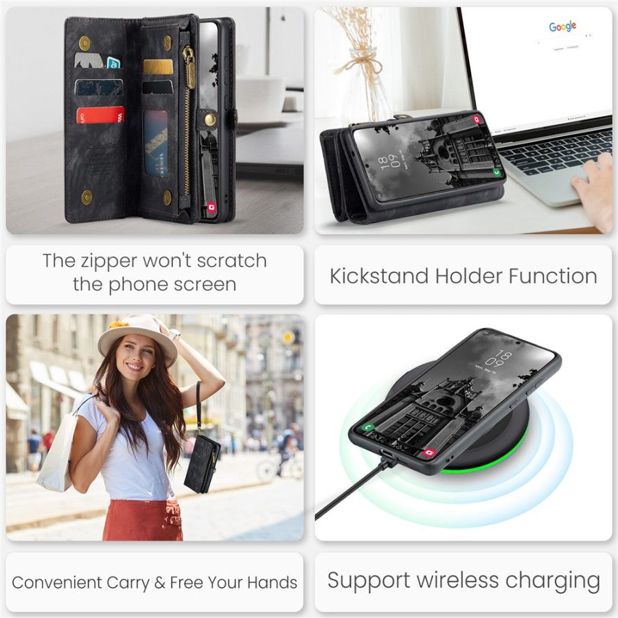 CASEME For Samsung Galaxy S24 Case 2-in-1 Detachable Magnetic Zipper Wallet Vegan Leather Flip Cover