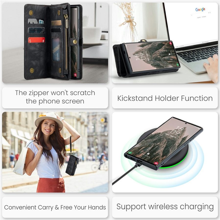 CASEME For Samsung Galaxy S24 Ultra Case 2-in-1 Detachable Magnetic Zipper Wallet Vegan Leather Flip Cover