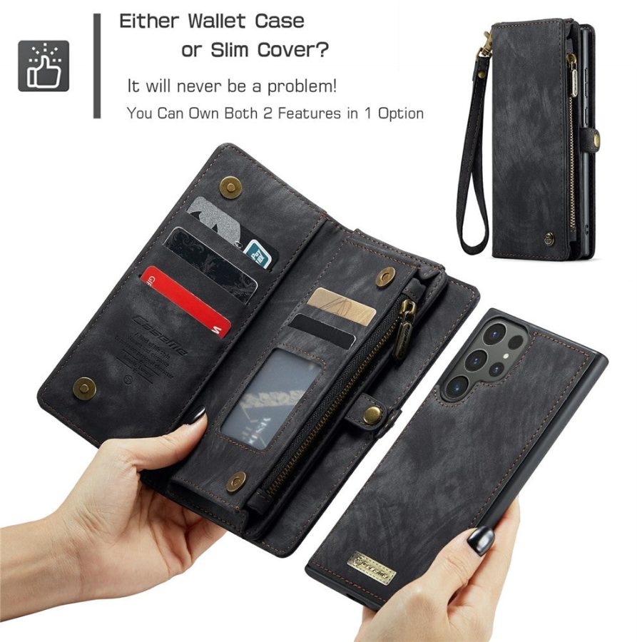 CASEME For Samsung Galaxy S24 Ultra Case 2-in-1 Detachable Magnetic Zipper Wallet Vegan Leather Flip Cover