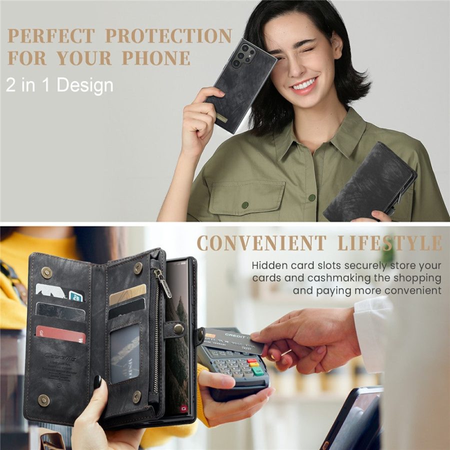 CASEME For Samsung Galaxy S24 Ultra Case 2-in-1 Detachable Magnetic Zipper Wallet Vegan Leather Flip Cover