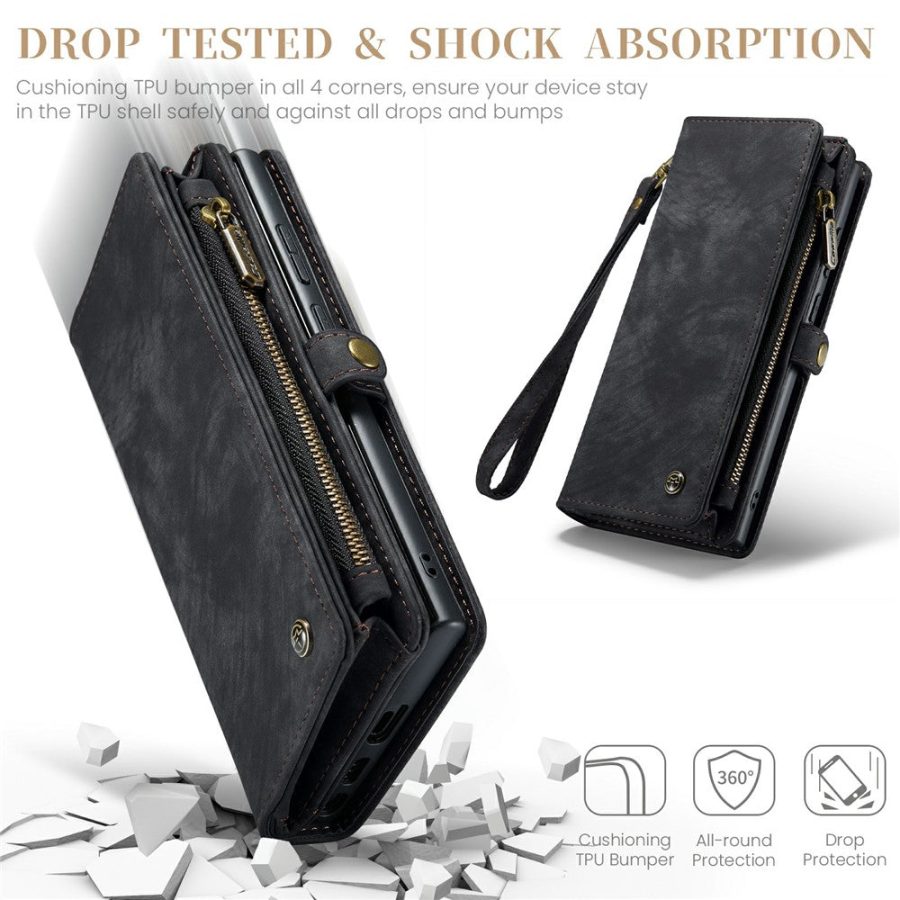 CASEME For Samsung Galaxy S24 Ultra Case 2-in-1 Detachable Magnetic Zipper Wallet Vegan Leather Flip Cover
