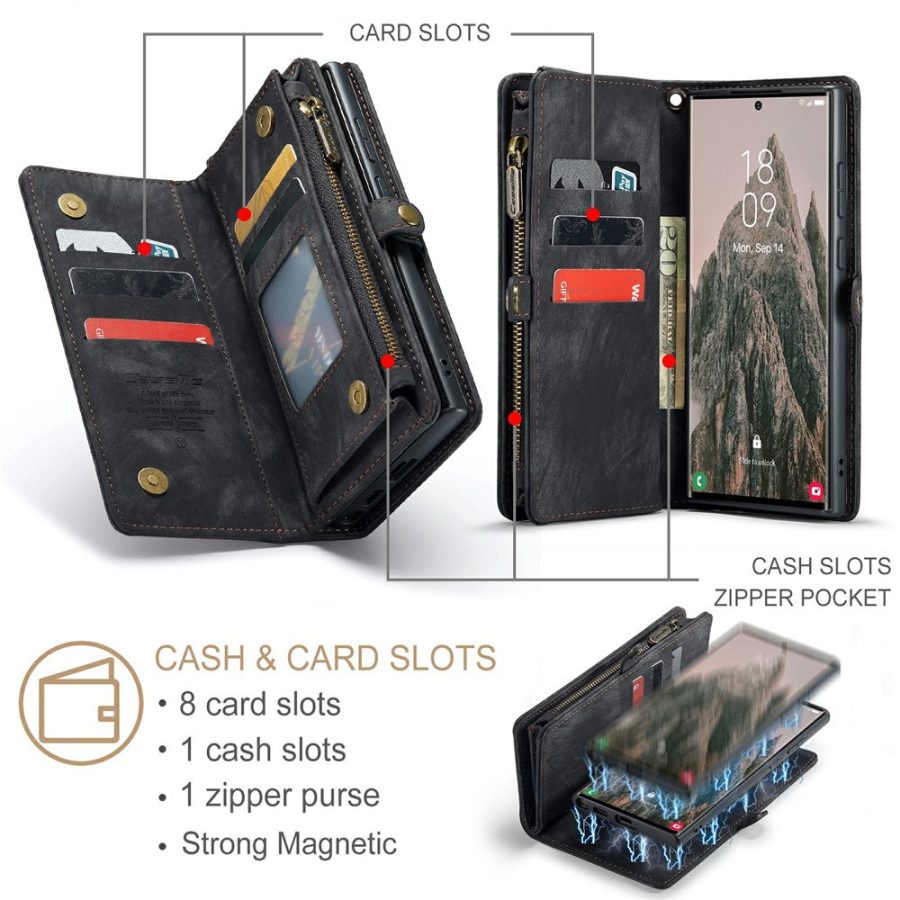 CASEME For Samsung Galaxy S24 Ultra Case 2-in-1 Detachable Magnetic Zipper Wallet Vegan Leather Flip Cover
