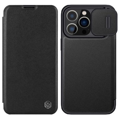 660105647A-1 NILLKIN Qin Pro Series for iPhone 14 Pro Anti-scratch Phone Case PU Leather Back Cover with Card Slot and Sliding Lens Protector