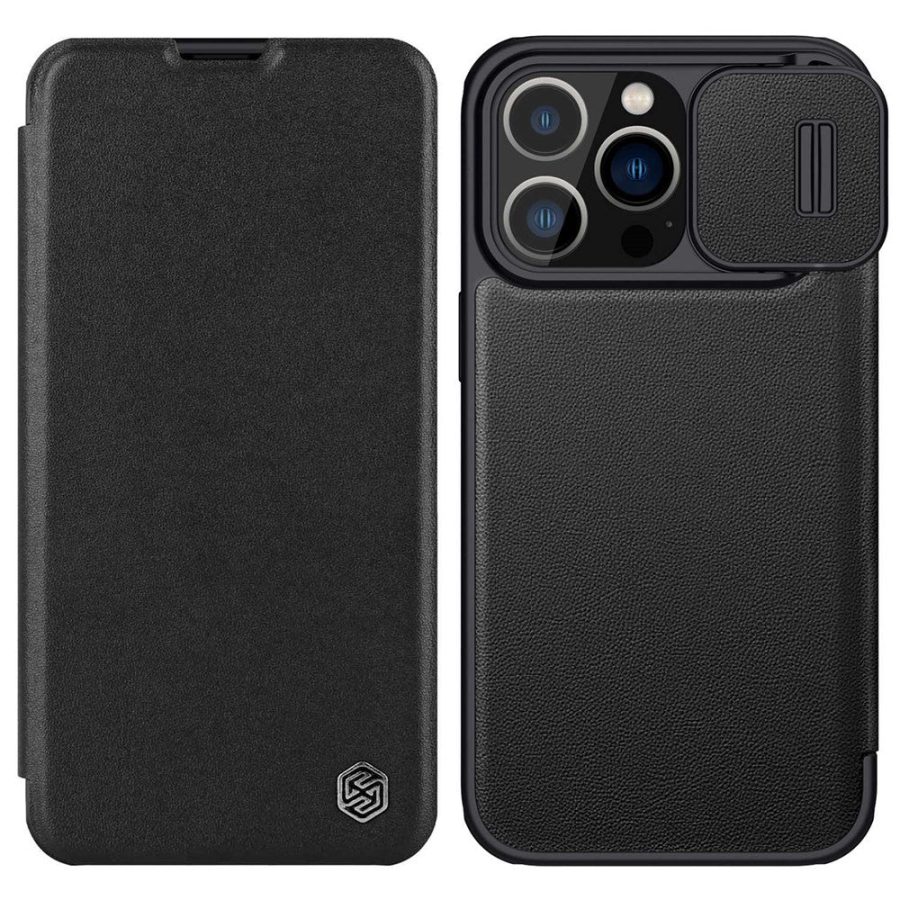 660105647A-1 NILLKIN Qin Pro Series for iPhone 14 Pro Anti-scratch Phone Case PU Leather Back Cover with Card Slot and Sliding Lens Protector