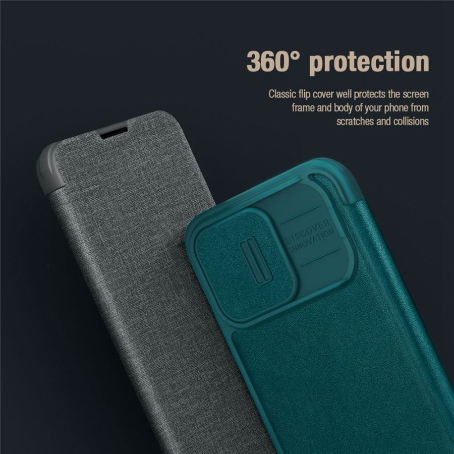 660105647A-10 NILLKIN Qin Pro Series for iPhone 14 Pro Anti-scratch Phone Case PU Leather Back Cover with Card Slot and Sliding Lens Protector