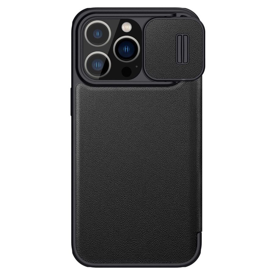 660105647A-12 NILLKIN Qin Pro Series for iPhone 14 Pro Anti-scratch Phone Case PU Leather Back Cover with Card Slot and Sliding Lens Protector
