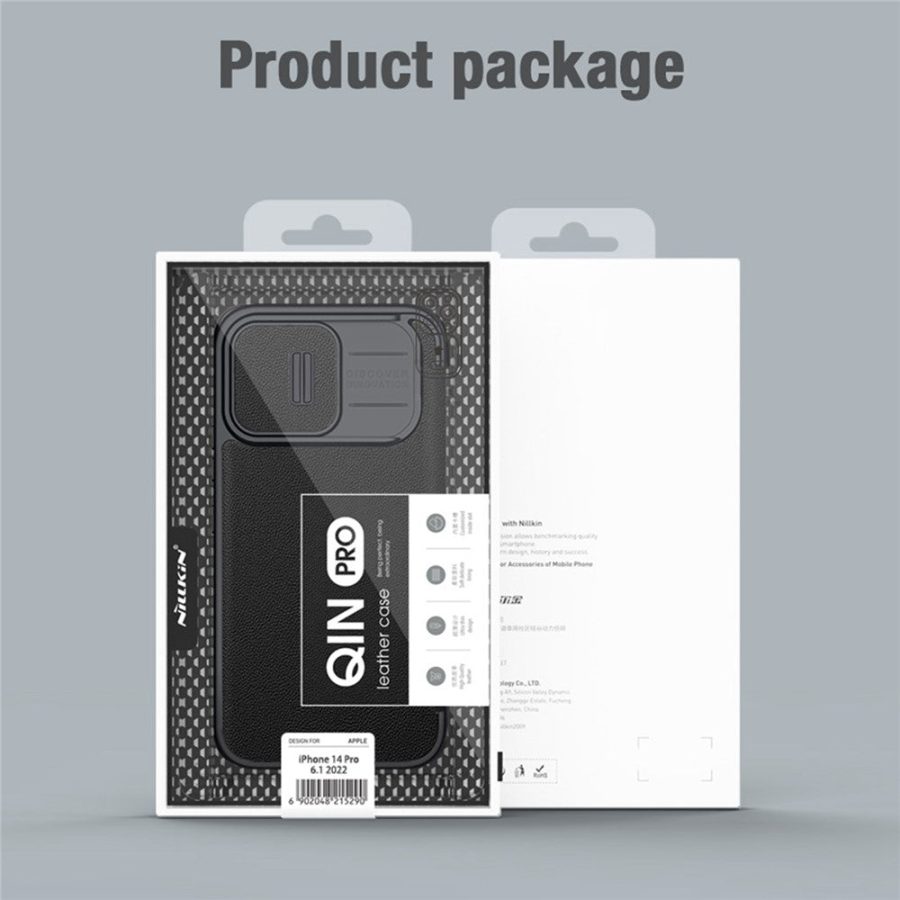 660105647A-13 NILLKIN Qin Pro Series for iPhone 14 Pro Anti-scratch Phone Case PU Leather Back Cover with Card Slot and Sliding Lens Protector