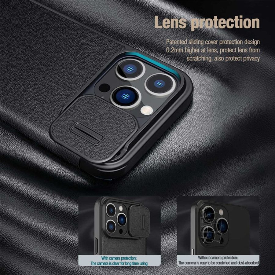 660105647A-3 NILLKIN Qin Pro Series for iPhone 14 Pro Anti-scratch Phone Case PU Leather Back Cover with Card Slot and Sliding Lens Protector