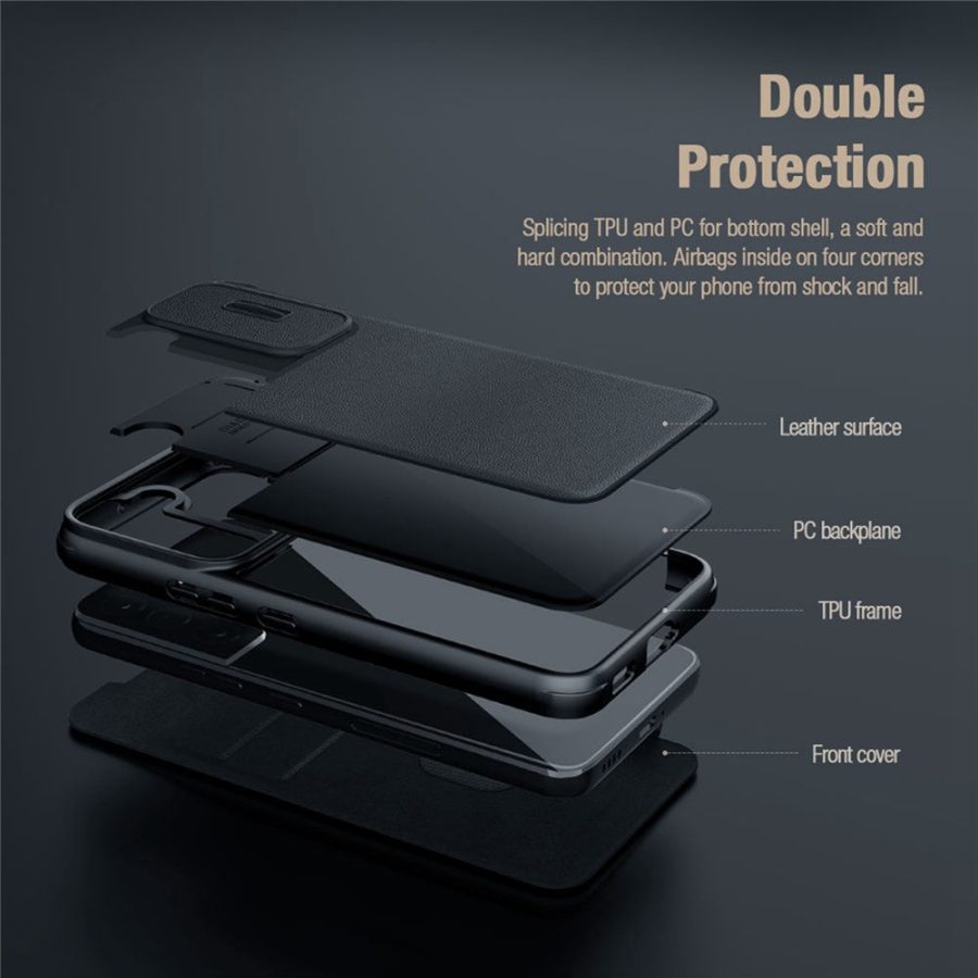 660105647A-4 NILLKIN Qin Pro Series for iPhone 14 Pro Anti-scratch Phone Case PU Leather Back Cover with Card Slot and Sliding Lens Protector