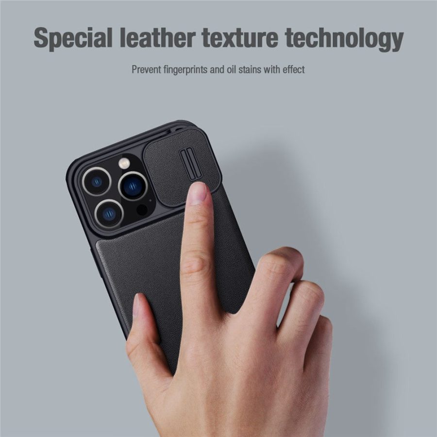 660105647A-5 NILLKIN Qin Pro Series for iPhone 14 Pro Anti-scratch Phone Case PU Leather Back Cover with Card Slot and Sliding Lens Protector