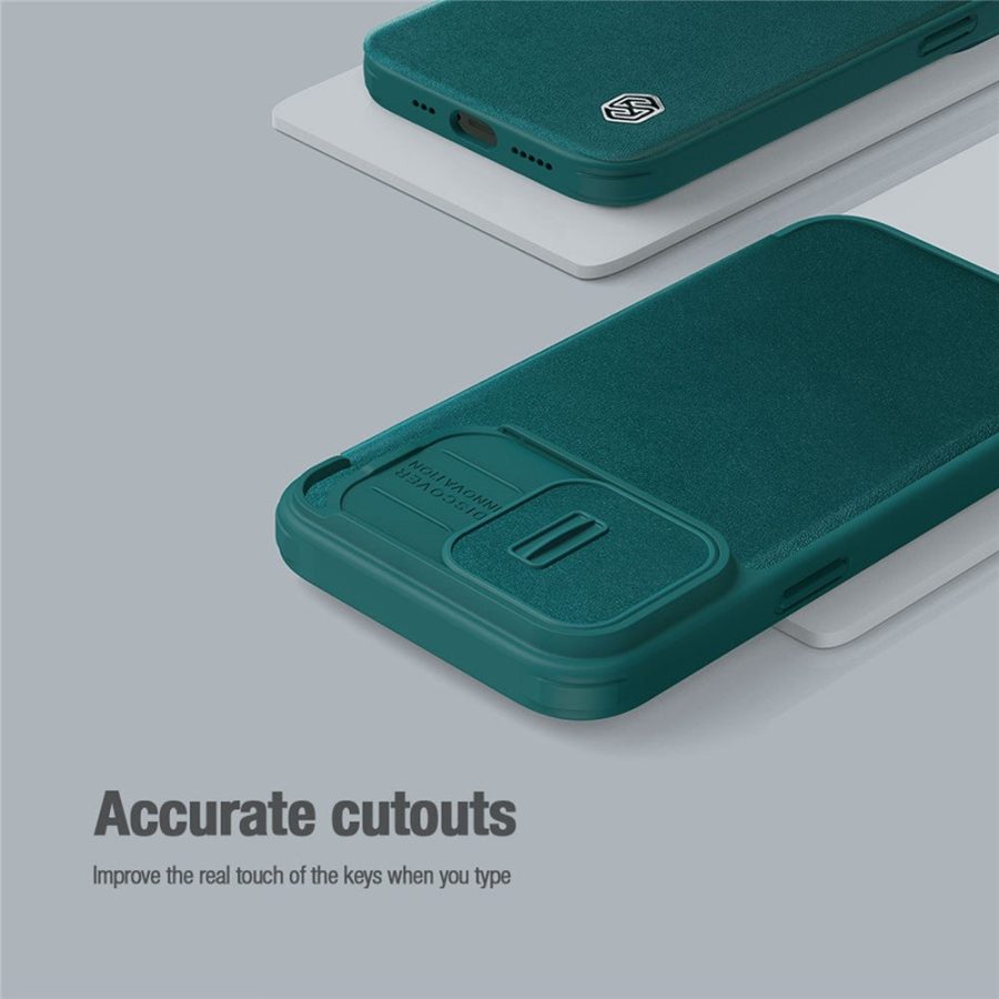 660105647A-9 NILLKIN Qin Pro Series for iPhone 14 Pro Anti-scratch Phone Case PU Leather Back Cover with Card Slot and Sliding Lens Protector